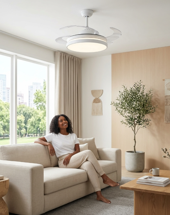Ventilatore moderno montato in soggiorno con pale aperte